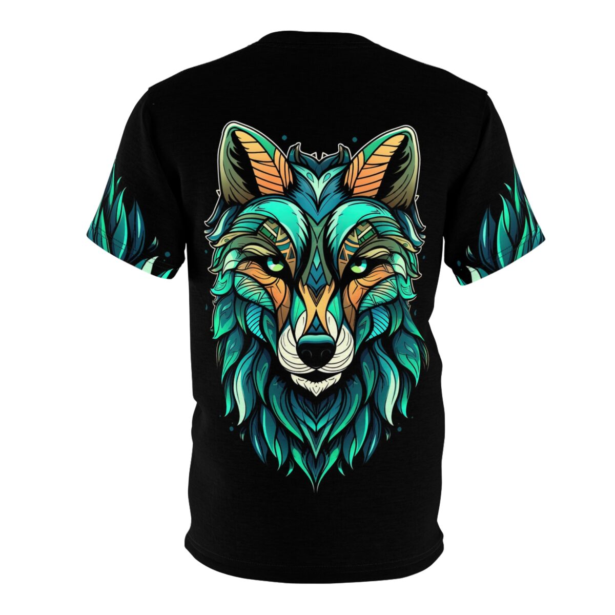Teal, orange, and green geometric patterns adorn this full print shirt, depicting a stylized wolf's face with fiery accents on the sleeves.