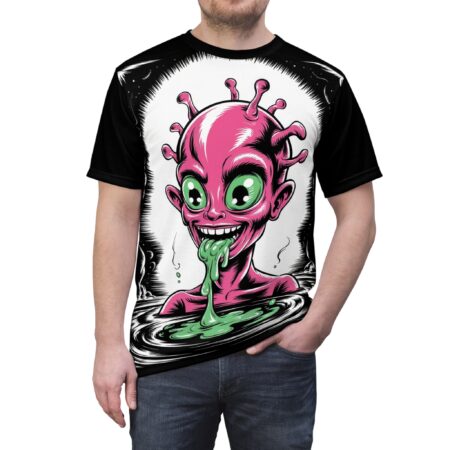 Pink alien with green eyes and slime, surrounded by black and white swirling patterns and stars.