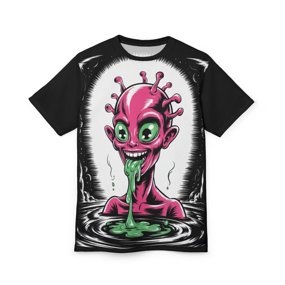 Pink and green colors depict a slimy alien with large eyes and tentacles, surrounded by a dark, watery environment with starry accents.