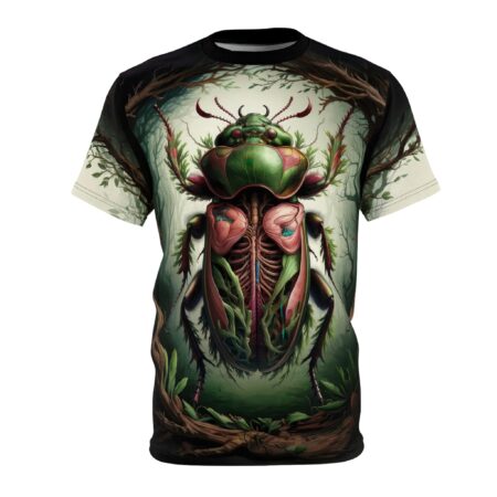 Trippy beetle all over print sublimation tee featuring an intricate green bug graphic surrounded by enchanted forest branches.
