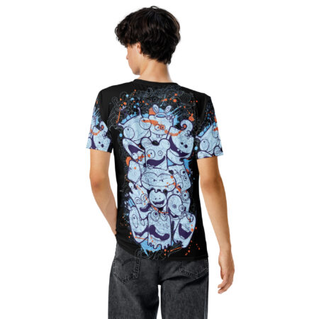 Light blue, orange, and purple line drawings of cartoon monsters with wide eyes and mouths cover this graphic streetwear tee, with abstract splatter patterns and thin black line designs.