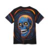 Swirling blues, oranges, and reds form a vortex around a bright blue skull with glowing eyes and dripping orange effects.