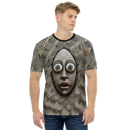 Trippy face all over print sublimation tee featuring a warped, detailed face graphic with spiral eyes on a textured background.