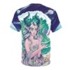 Sublimation tee, all over print, horned elf anime girl, cosmic wave background, trippy festival streetwear aesthetic.