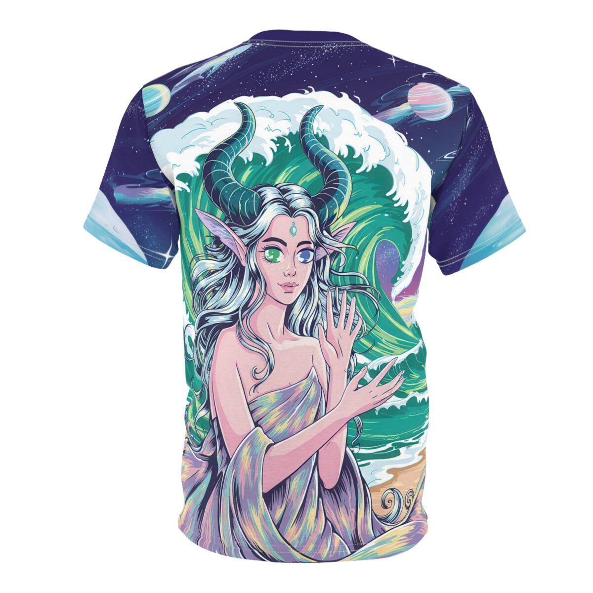 Sublimation tee, all over print, horned elf anime girl, cosmic wave background, trippy festival streetwear aesthetic.