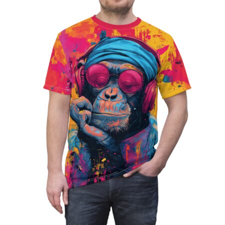 Trippy monkey all over print sublimation tee wearing headphones and pink sunglasses, featuring vibrant splatter paint graphic.