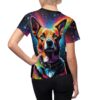 All over print t-shirt back, vibrant psychedelic dog face graphic, neon rainbow colors, seamless print, abstract background elements, short sleeve top.