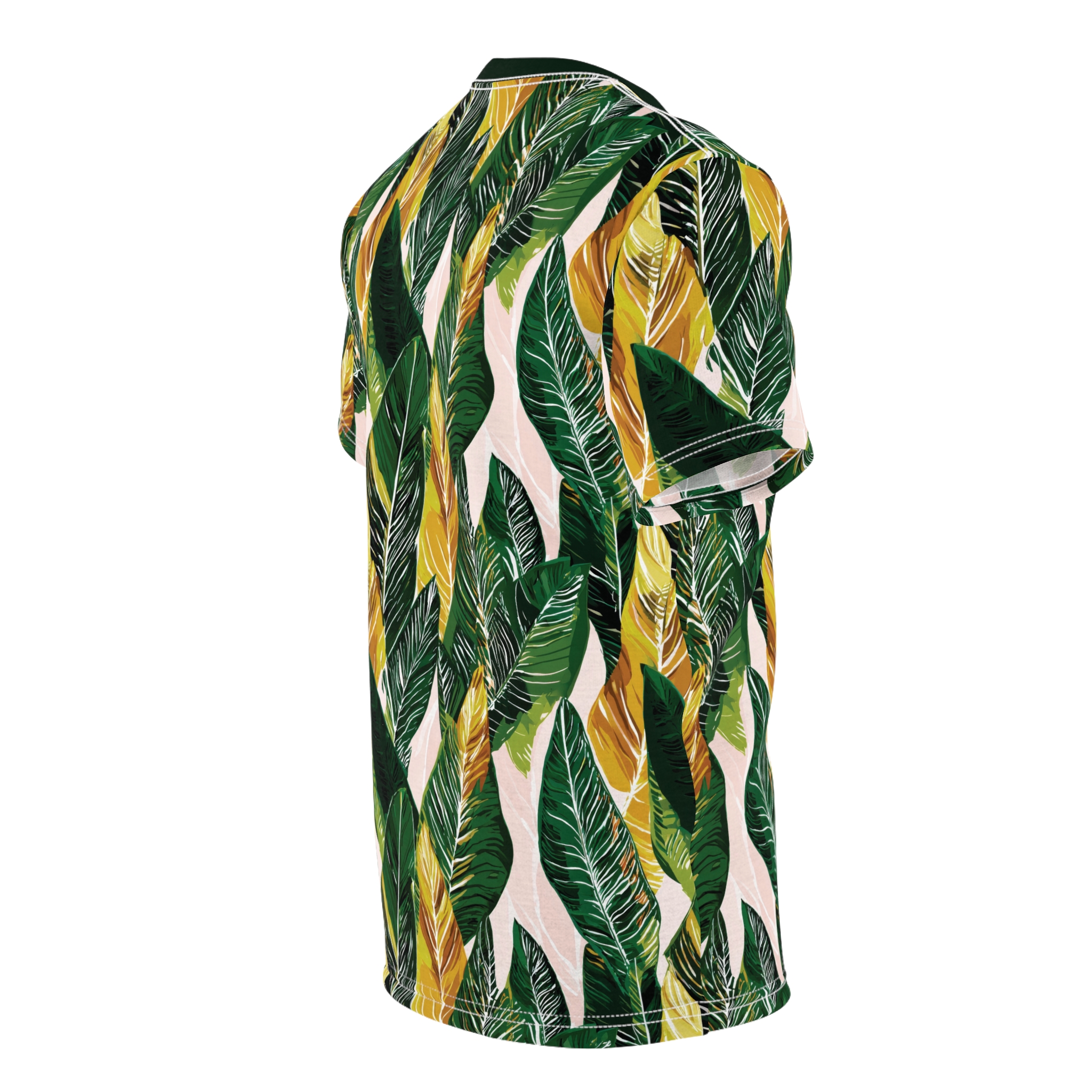 Deep green, light green, yellow, and brown banana leaves with white veining cover this 3D graphic t-shirt with a tropical vibe.