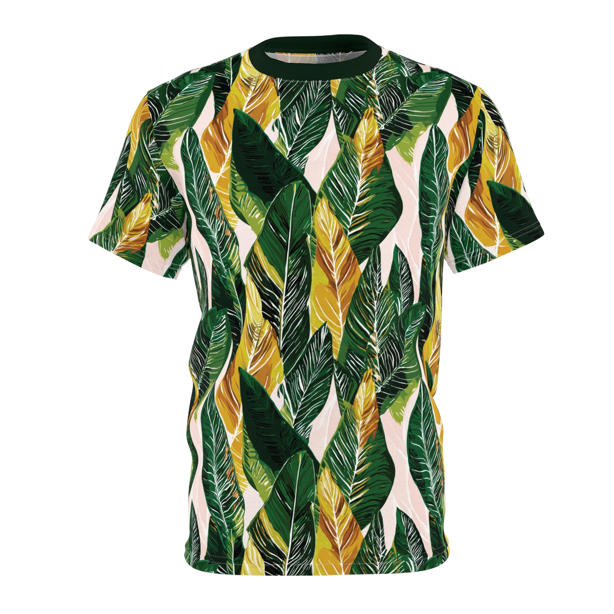 Deep greens, golden yellows, and pale pinks in a dense banana leaf pattern cover this sublimation graphic tee for a vibrant tropical feel.