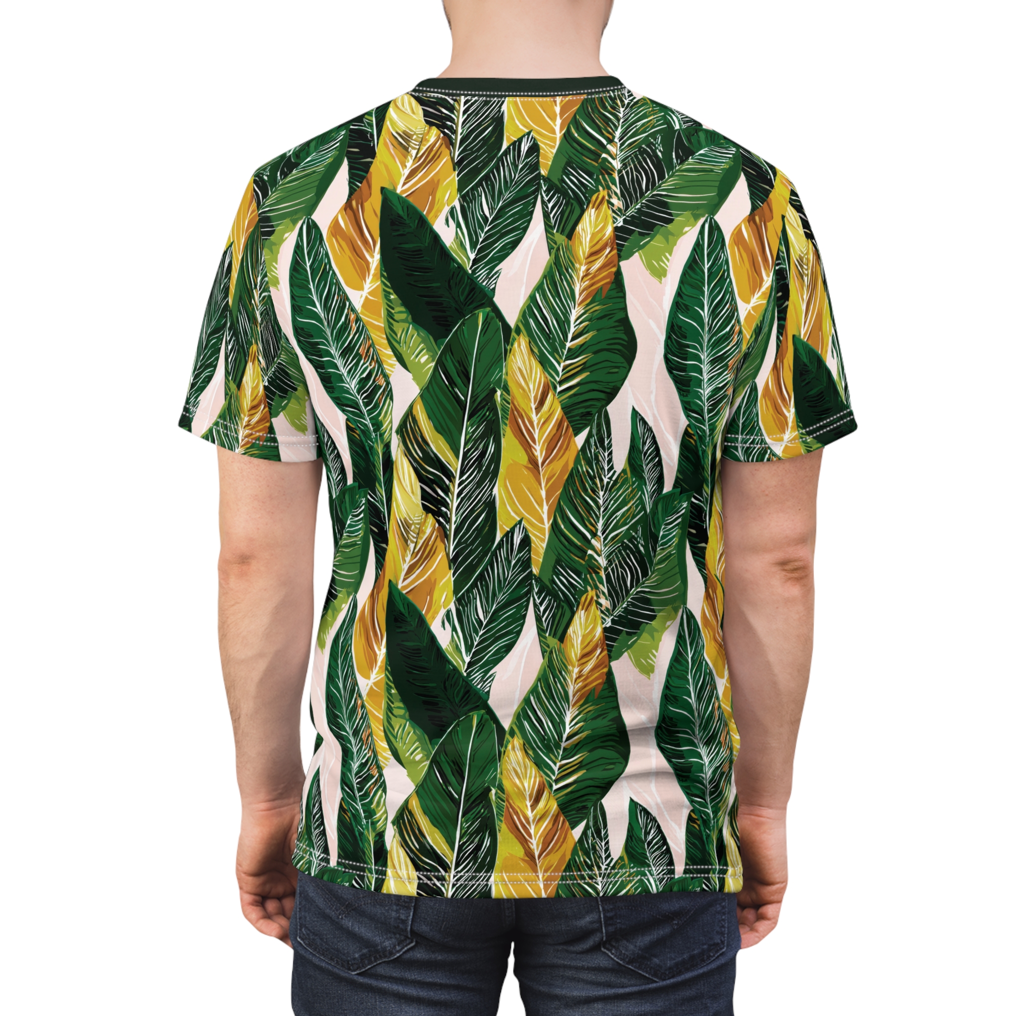 Deep green, golden yellow, and blush pink banana leaves with white veining cover this full print shirt with a vibrant tropical feel.