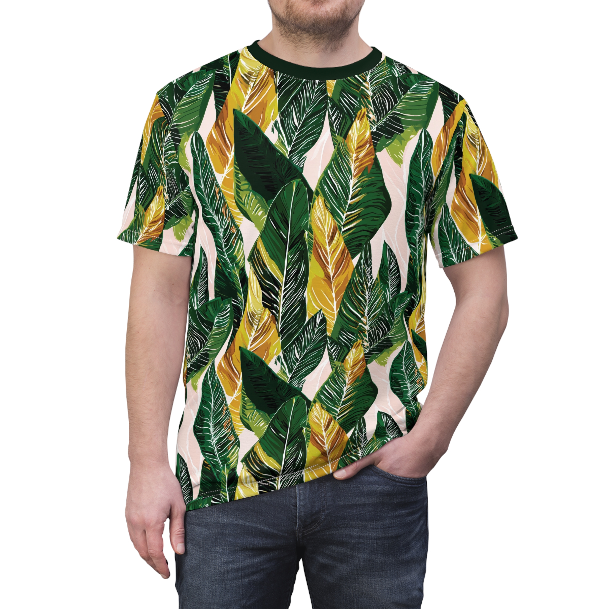 Lush green and golden banana leaves with white veins cover this graphic t-shirt, with hints of pale pink in the background.