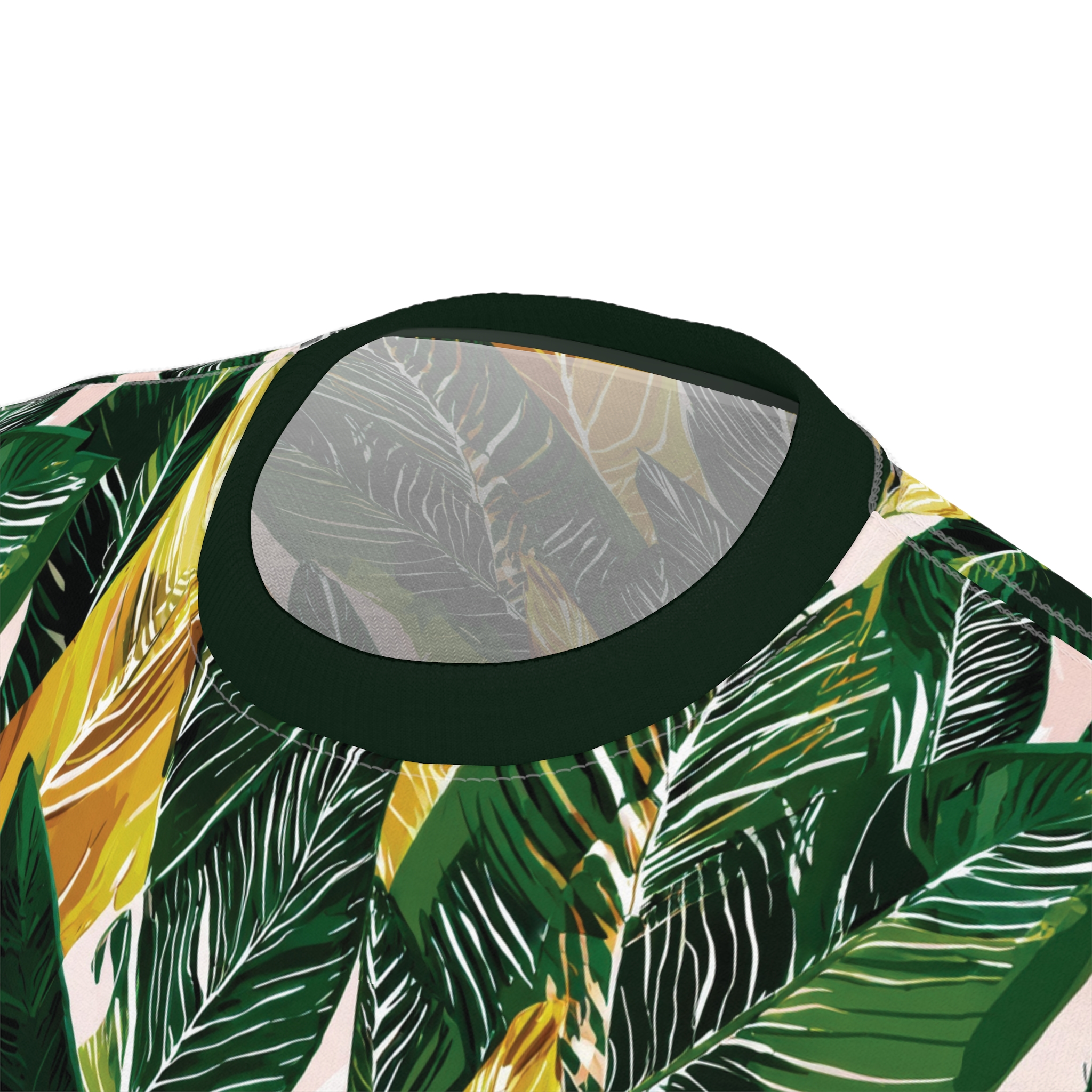 Lush green, yellow, and pale pink banana leaves with white veins cover this 3D graphic t-shirt with a tropical vibe.