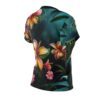 Tropical floral all over print t-shirt, vibrant hibiscus flowers and dark jungle leaves seamless sublimation design.