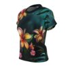 Women's sublimation tee with a dark tropical floral all over print, featuring vibrant hibiscus and plumeria flowers.