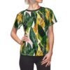 Tropical leaf all over print sublimation tee featuring green and yellow banana leaves with white accents. Seamless wrap around graphic.