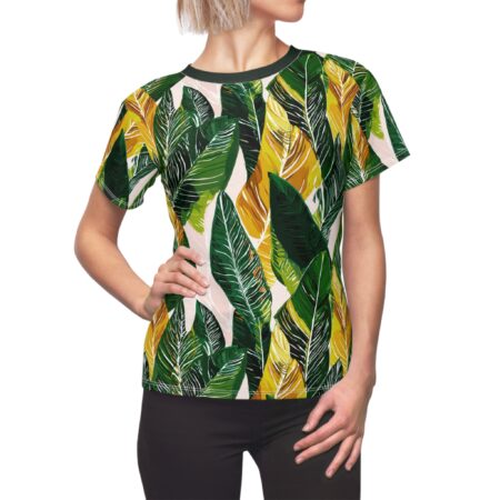 Tropical leaf all over print sublimation tee featuring green and yellow banana leaves with white accents. Seamless wrap around graphic.