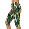 Stretchy Tropical Leaf Capri Leggings - Green / Gold Botanical Print – eye-catching printed capri pants - Detail View 4