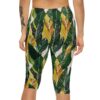 Stretchy Tropical Leaf Capri Leggings - Green / Gold Botanical Print – eye-catching printed capri pants - Detail View 2