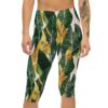 Comfortable Tropical Leaf Capri Leggings - Green / Gold Botanical Print – flattering capri-length all-over print leggings - Main View