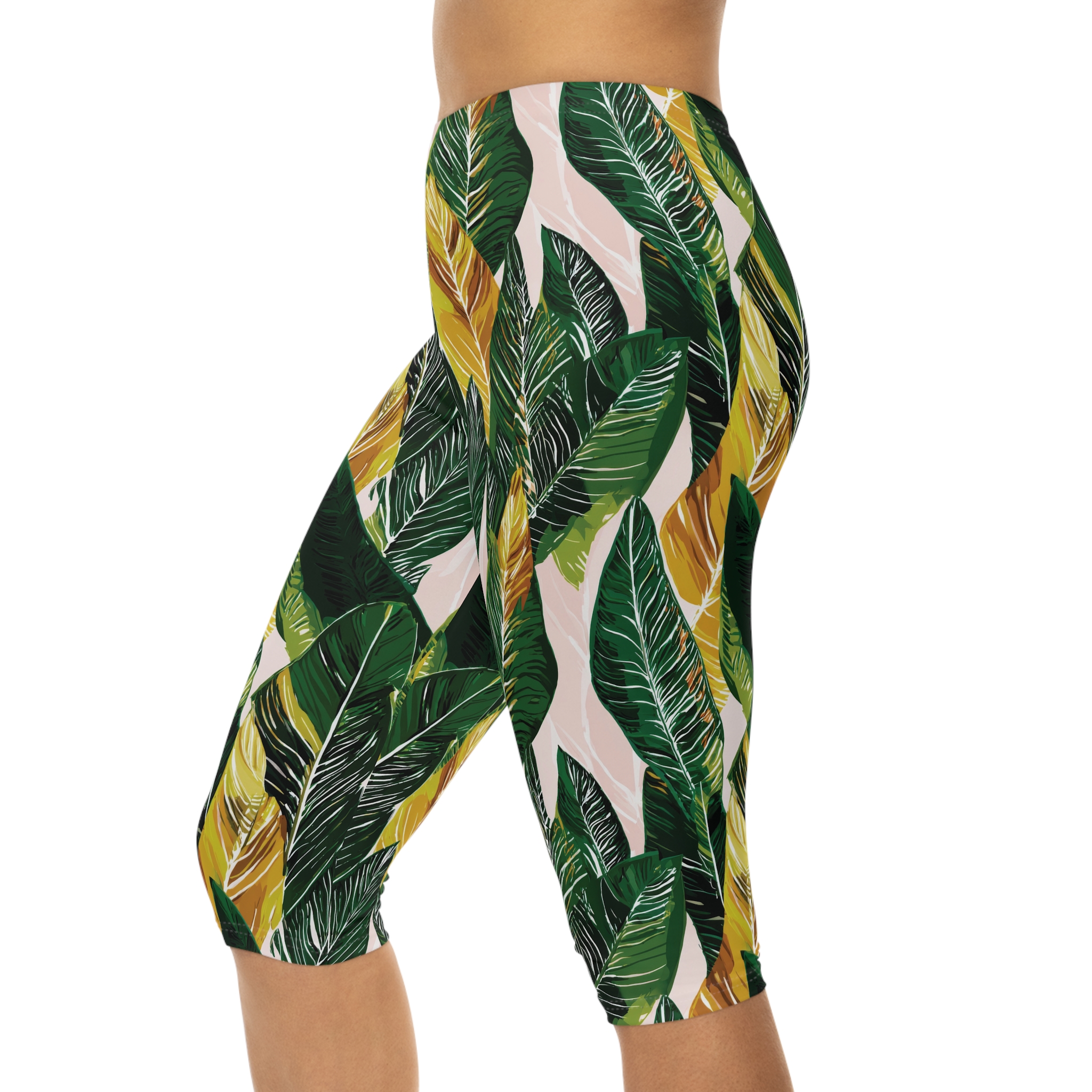 Tropical Leaf Capri Leggings — Green & Gold Botanical Print - Image 4