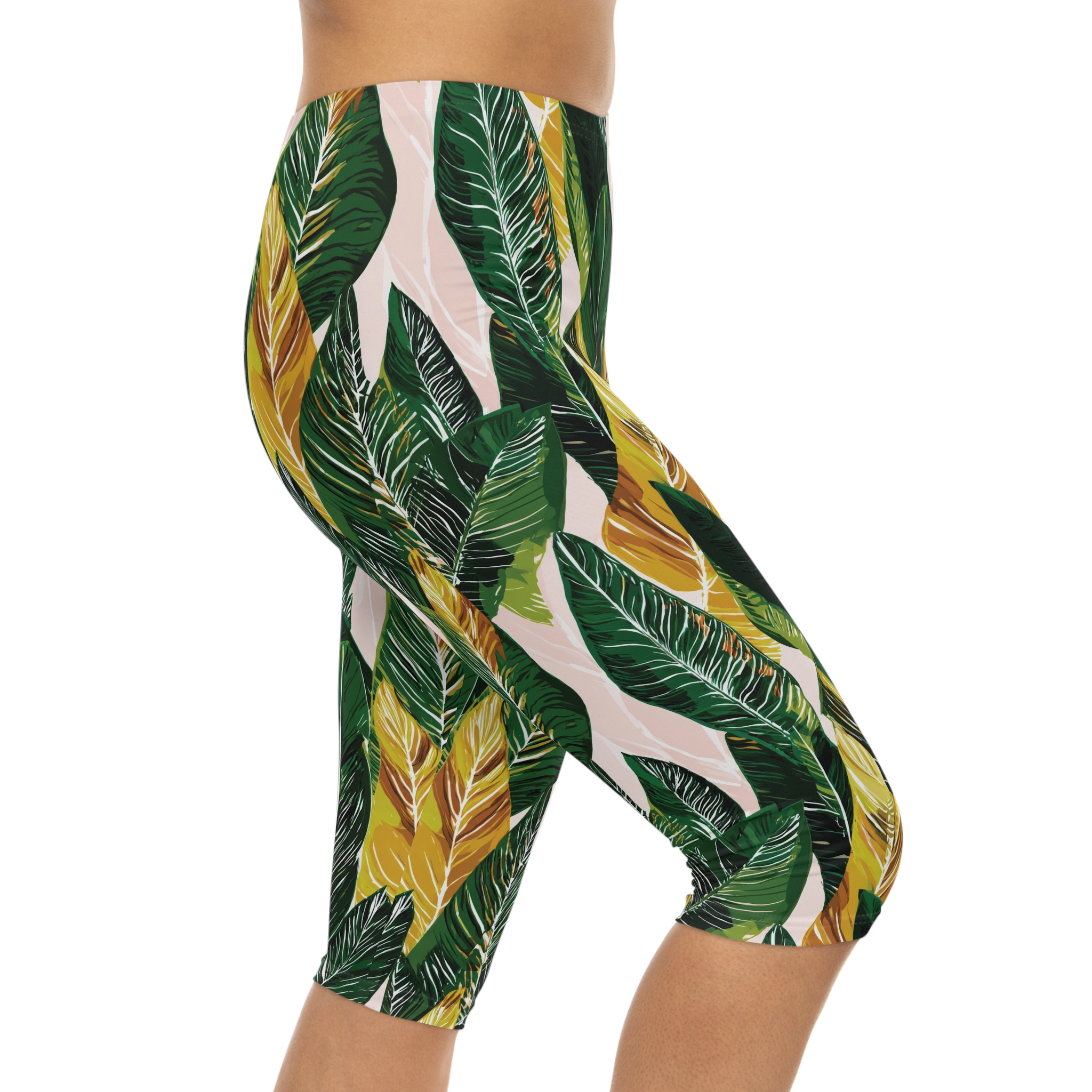 Tropical Leaf Capri Leggings — Green & Gold Botanical Print - Image 3