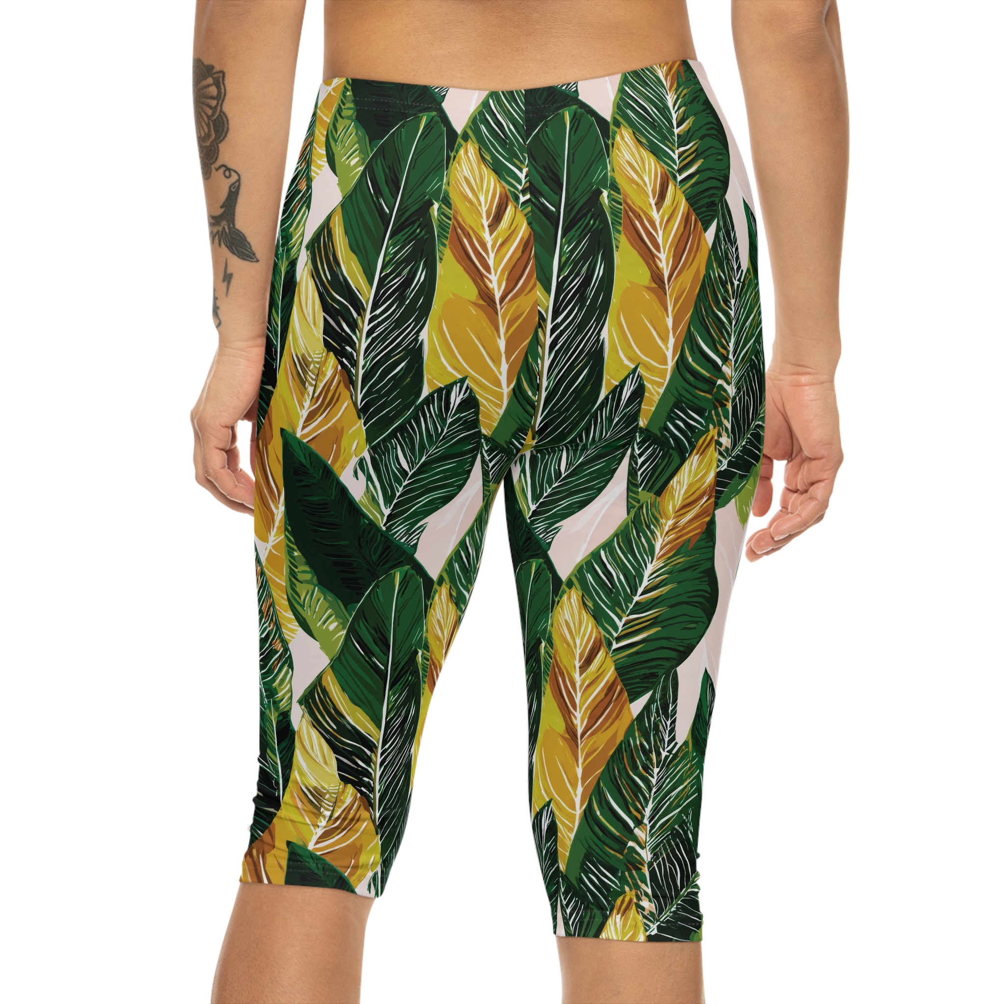 Tropical Leaf Capri Leggings — Green & Gold Botanical Print - Image 2