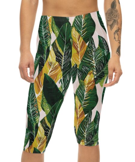 Tropical Leaf Capri Leggings — Green & Gold Botanical Print