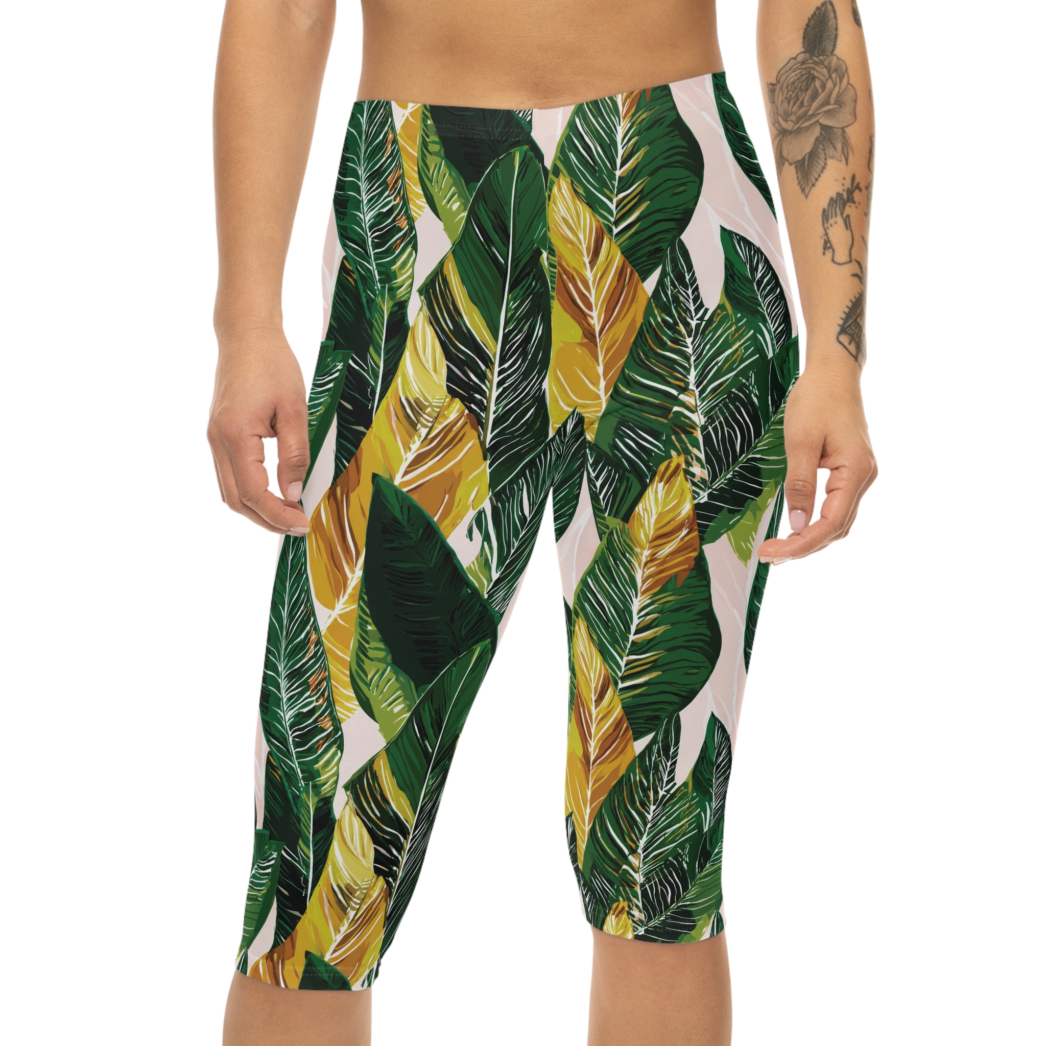 Tropical Leaf Capri Leggings — Green & Gold Botanical Print