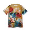 Tropical lily all over print t-shirt featuring vibrant red, blue, and white floral graphics on a yellow and blue striped background.