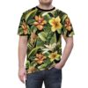 Black sublimation tee, vibrant tropical floral pattern, large orange and yellow flowers, lush green leaves, seamless print, wrap around graphic.
