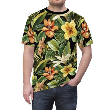 Black sublimation tee, vibrant tropical floral pattern, large orange and yellow flowers, lush green leaves, seamless print, wrap around graphic.