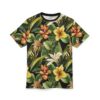 Black t-shirt, vibrant tropical floral print, dense green leaves, orange, yellow, white flowers, all over print, sublimation tee, seamless wrap around graphic.