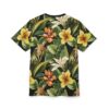 Black sublimation tee, vibrant tropical floral pattern, yellow hibiscus, orange lilies, white orchids, dense green foliage, wrap around graphic.