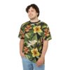 All over print t-shirt, tropical floral design, vibrant orange and yellow flowers, green leaves, seamless print.