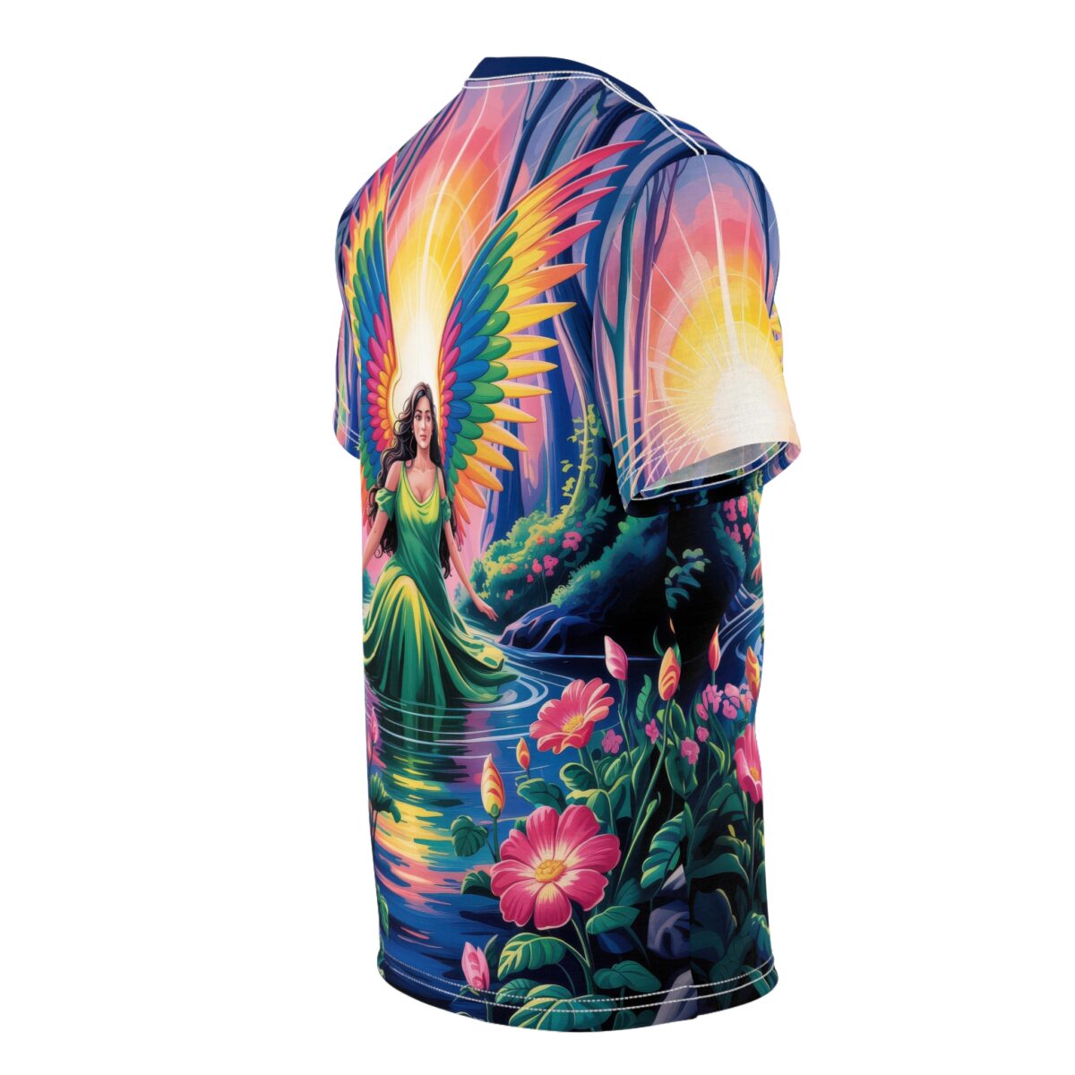 Vivid rainbow wings and a serene garden scene with a fairy sitting by the water cover this graphic streetwear tee.