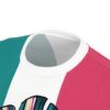 All over print sublimation tee, teal, white, hot pink color blocks, ribbed collar, retro striped graphic design, seamless print execution.