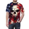 An individual wears a short-sleeve t-shirt with a distressed American flag and a large, intense skull design.