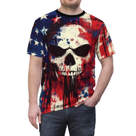 An individual wears a short-sleeve t-shirt with a distressed American flag and a large, intense skull design.