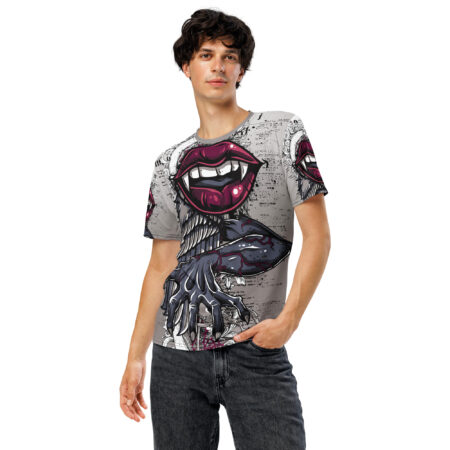 Cyber grunge streetwear t-shirt, all over print featuring a graphic of vampire lips with fangs and a clawed hand reaching out.