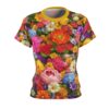 Vibrant floral all over print sublimation tee featuring a dense pattern of red, pink, orange, yellow, blue, and purple flowers.
