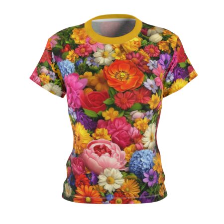 Vibrant floral all over print sublimation tee featuring a dense pattern of red, pink, orange, yellow, blue, and purple flowers.