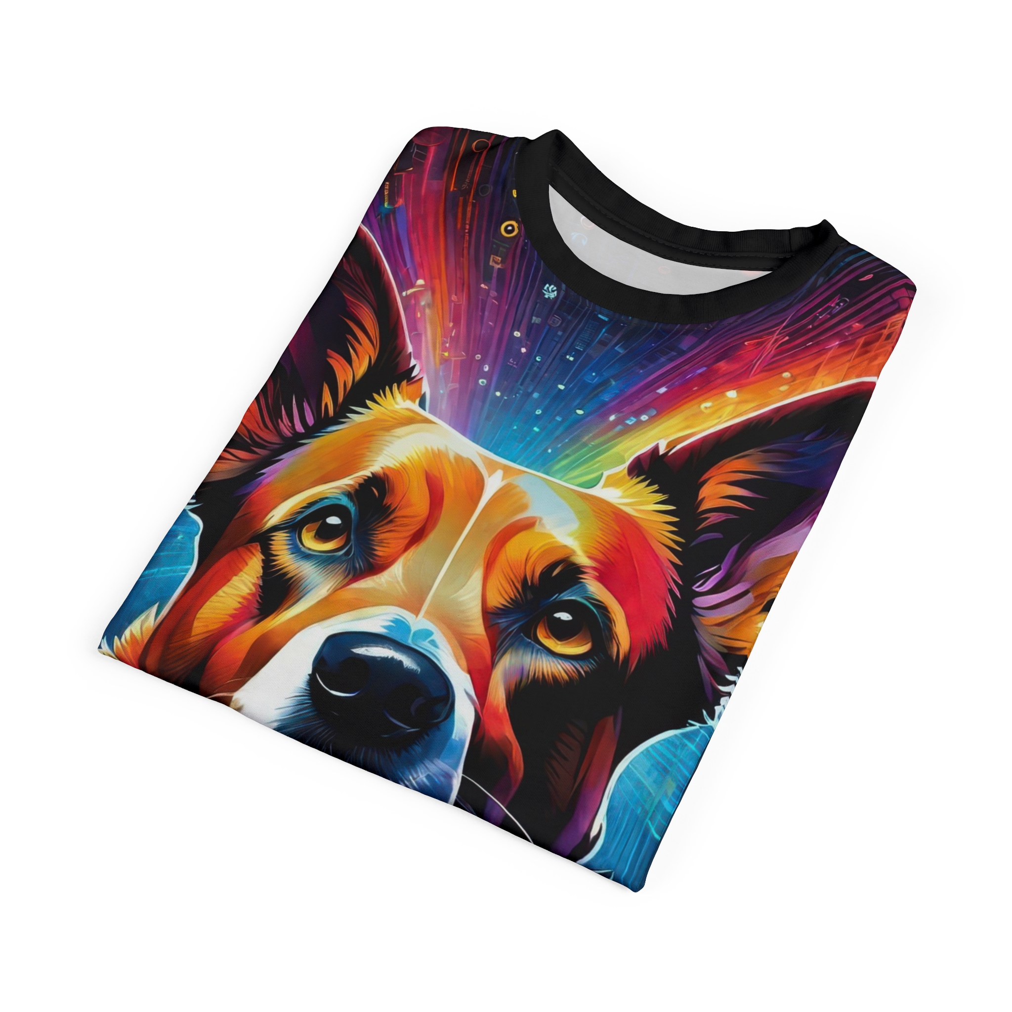 Vivid reds, oranges, yellows, blues, and purples cover this full print shirt, featuring a close-up portrait of a dog's face with energetic, abstract light rays.