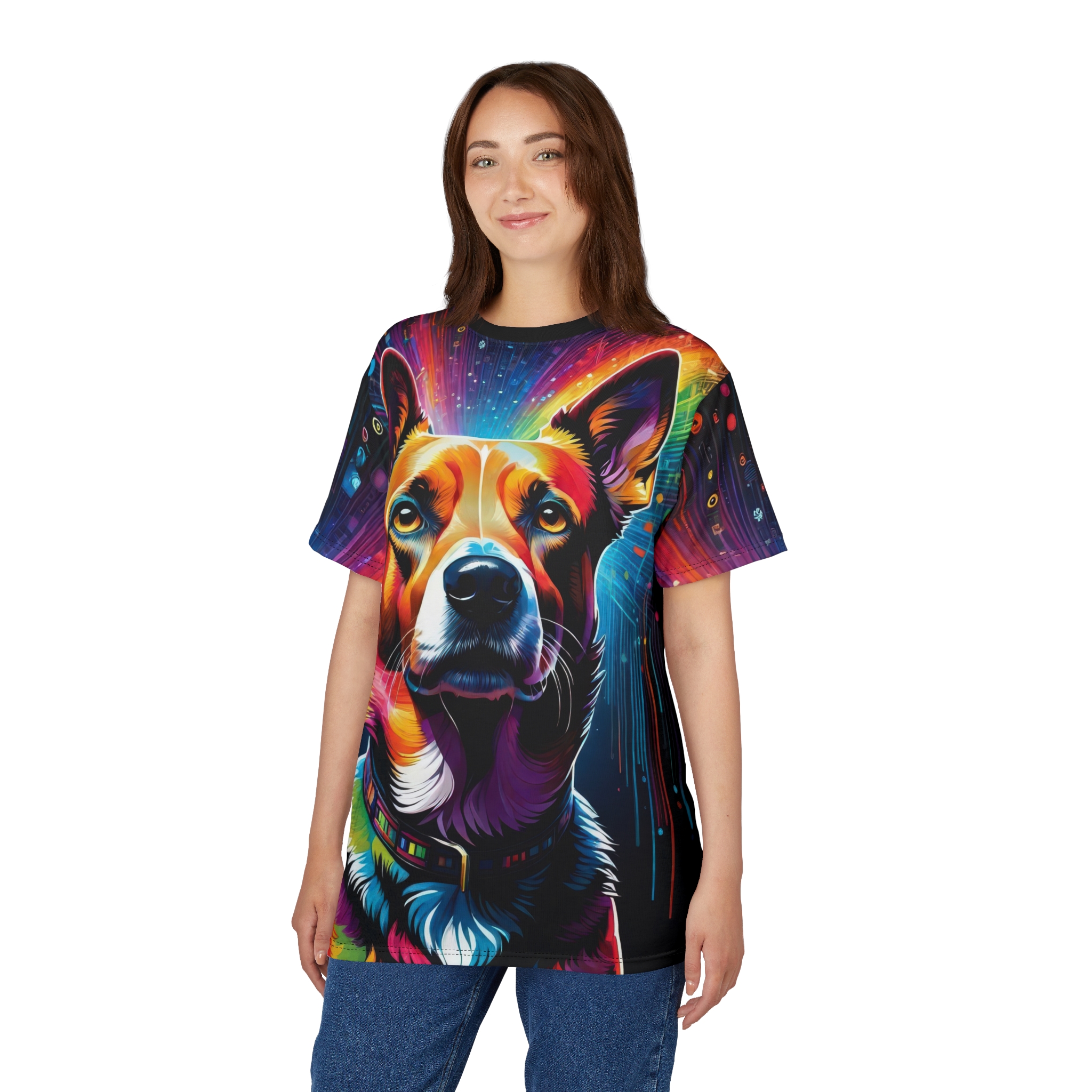 Rainbow and neon streaks burst from a trippy dog portrait on this all-over print tee.