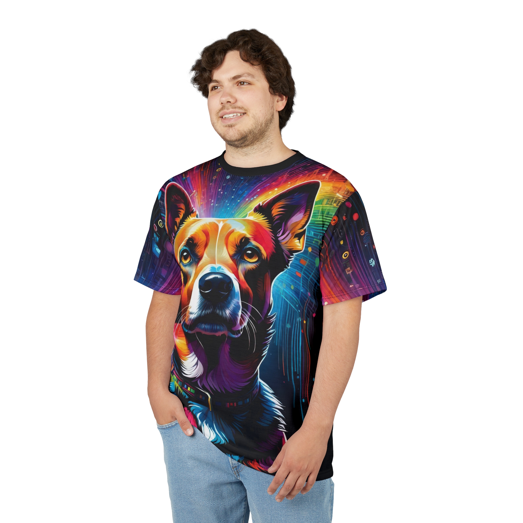 Vivid rainbow hues and abstract geometric shapes cover this sublimation graphic tee, depicting a striking canine portrait with intense eyes.