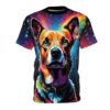 Radiant rainbow and electric blue streaks fill this all over print apparel, showcasing a vibrant dog portrait against a cosmic background.