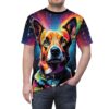 Vibrant rainbow hues and abstract digital patterns cover this full print shirt, depicting a colorful dog's face with energetic lines radiating outward.