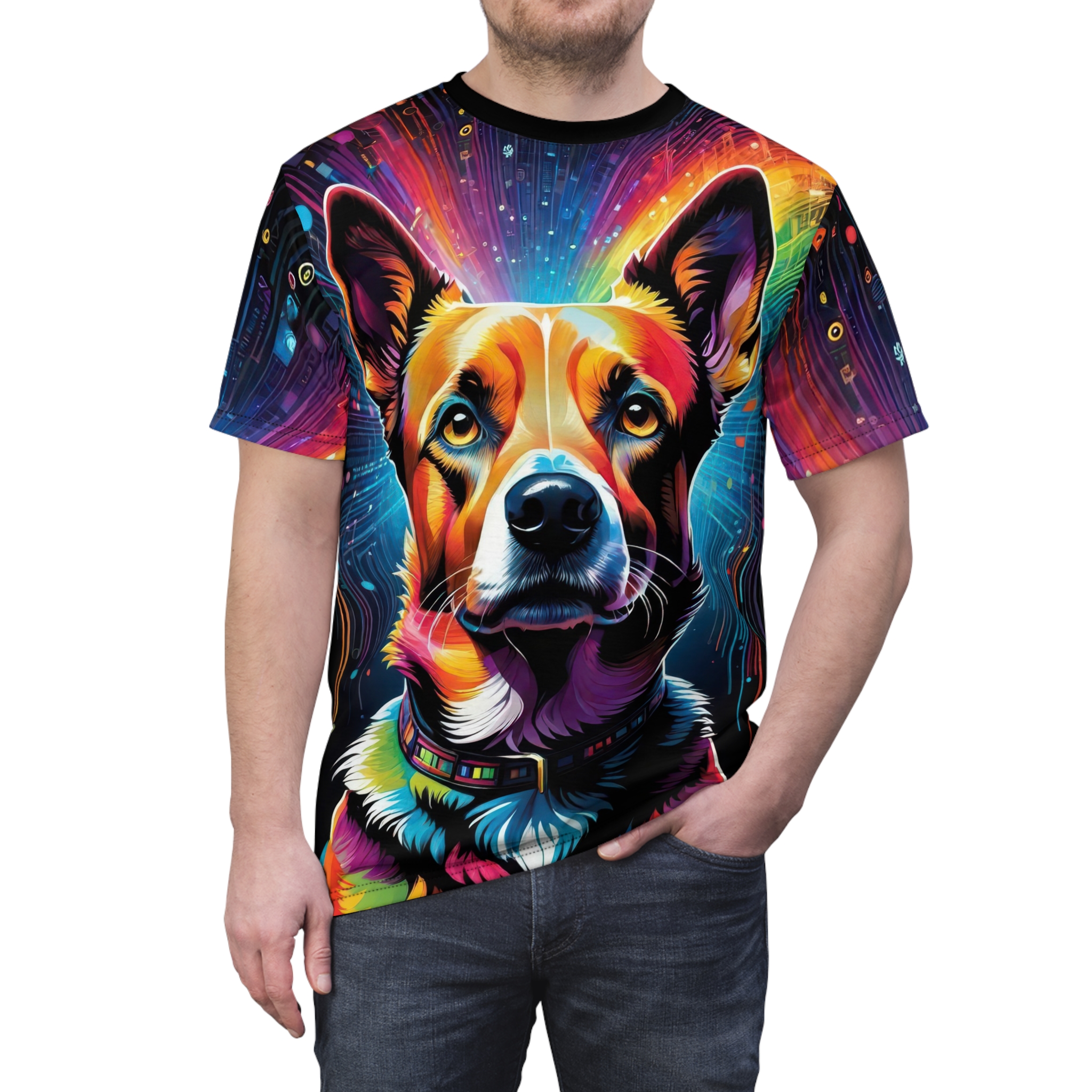 Vibrant rainbow hues and abstract digital patterns cover this full print shirt, depicting a colorful dog's face with energetic lines radiating outward.