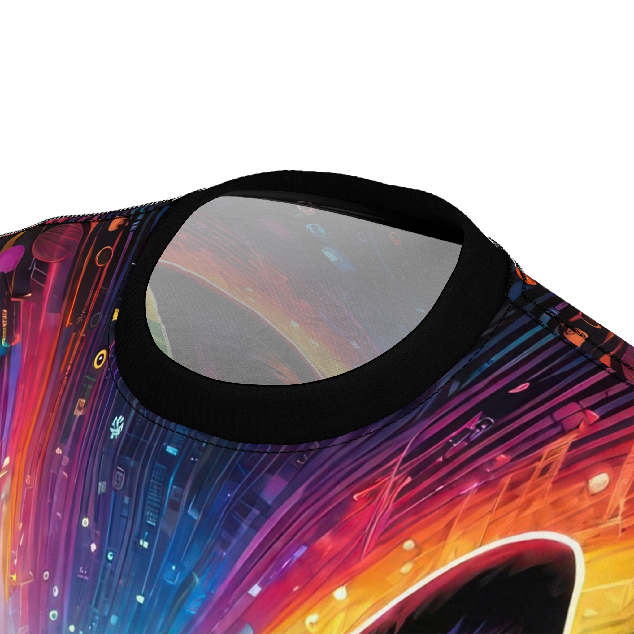Vibrant reds, blues, and purples with subtle geometric shapes cover this 3D graphic t-shirt, depicting an abstract cityscape with glowing elements.