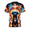 Fiery blues, oranges, and yellows swirl around a black dog, with dripping paint effects and star-like specks.