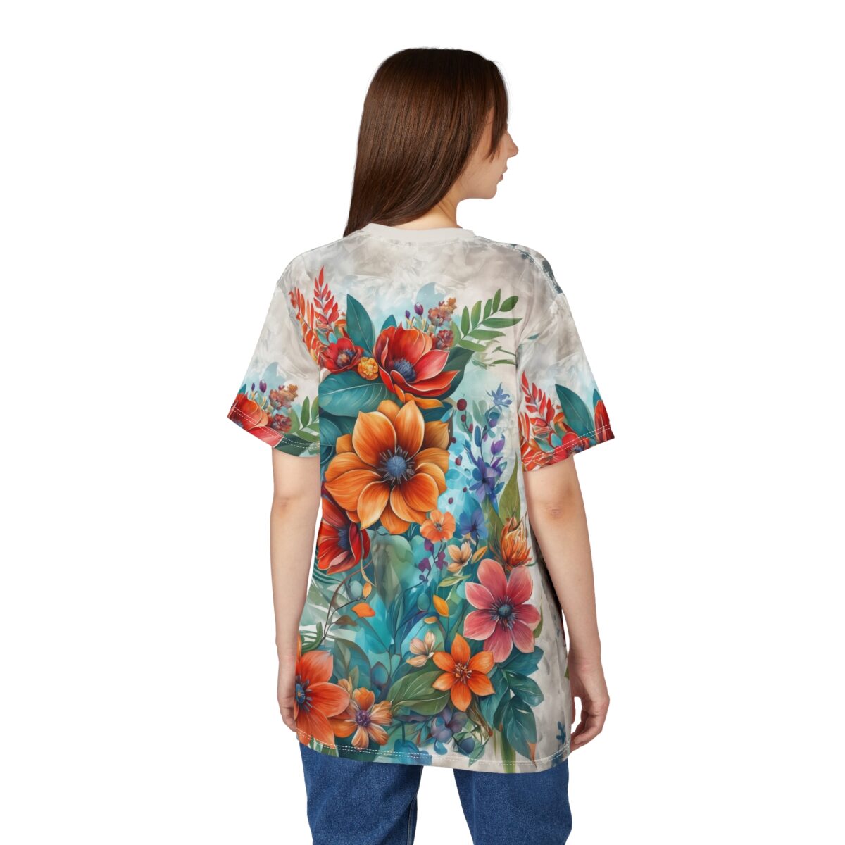 Vibrant floral all over print sublimation tee featuring large orange and red flowers with lush green foliage.